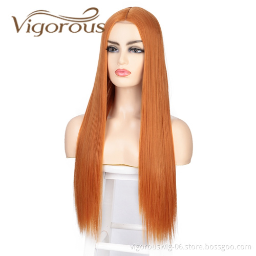 Wholesale Price Long Silky Straight Wave Middle Part Small Part Lace Pre Plucked Orange Cosplay Party Synthetic Hair Wigs